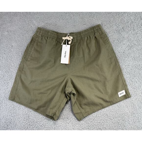 Rhythm Classic Jam Shorts Men’s 34 Green Olive Elastic Linen Blend 7”Sustainable - Picture 1 of 12